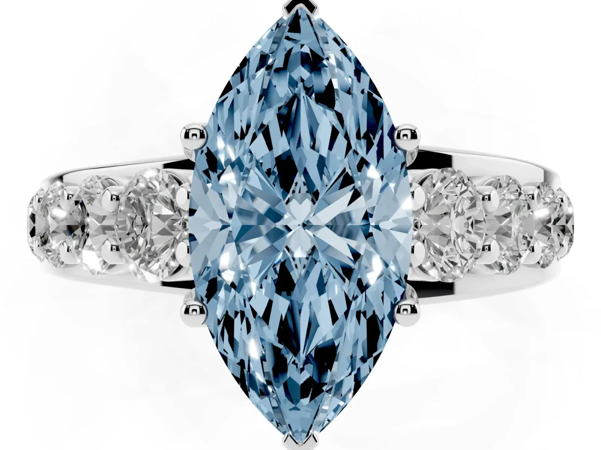 Fancy Blue Marquise Cut Diamond Engagement Ring with Pavé Band and Four-Prong Setting Silver