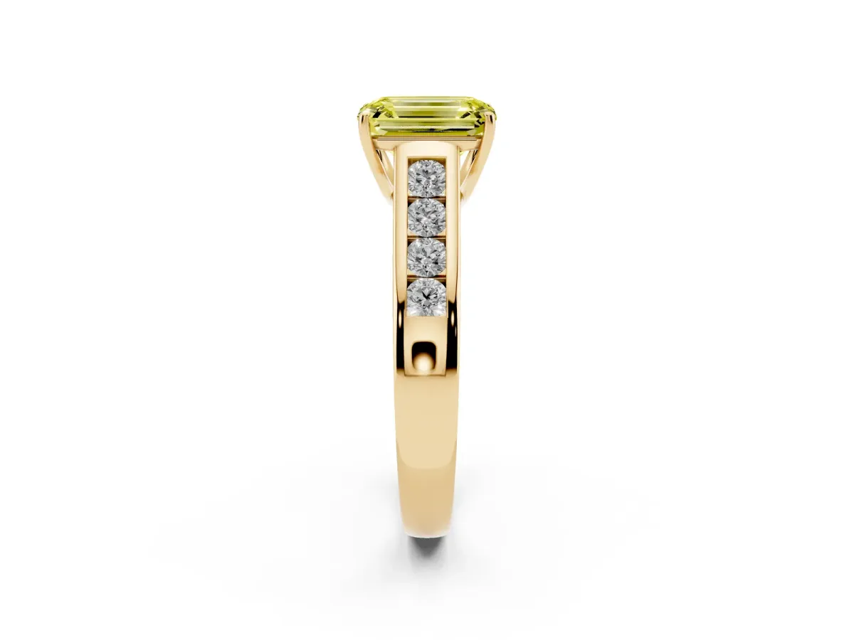 Fancy Yellow Emerald Cut Brilliant Channel-Set Solitaire Ring with Four-Prong Setting Yellow gold