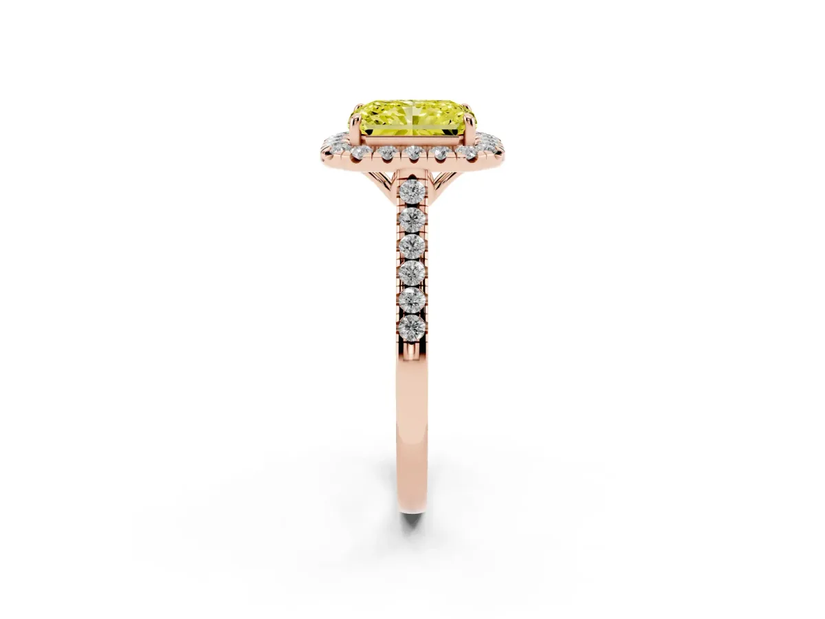 Fancy Yellow Radiant Cut Halo Pavé Diamond Engagement Ring with Four-Prong Setting Rose gold