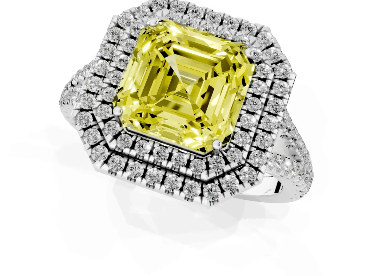 Fancy Yellow Asscher Cut Diamond Double Halo Ring with Pavé Band and Prong Setting Platinum