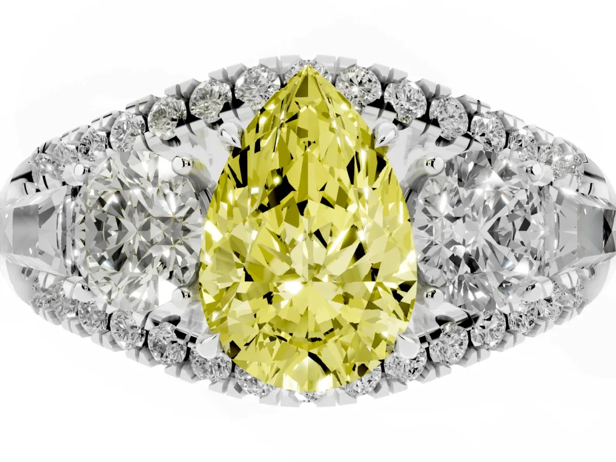 Fancy Yellow Three-Stone Pear Cut Diamond Engagement Ring with Pave Band and Prong Setting Silver
