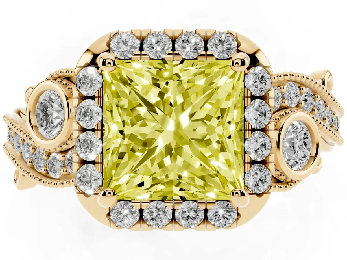 Fancy Yellow Princess Cut Diamond Halo Ring with Milgrain Pavé Band and Four-Prong Setting Yellow gold