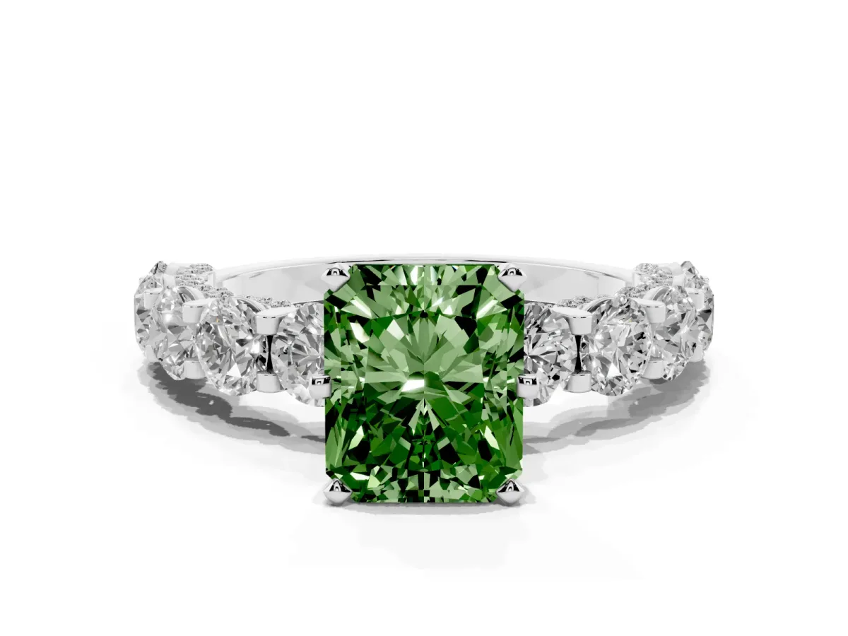 Fancy Green Radiant Cut Diamond Side Stone Engagement Ring with Four-Prong Setting Silver