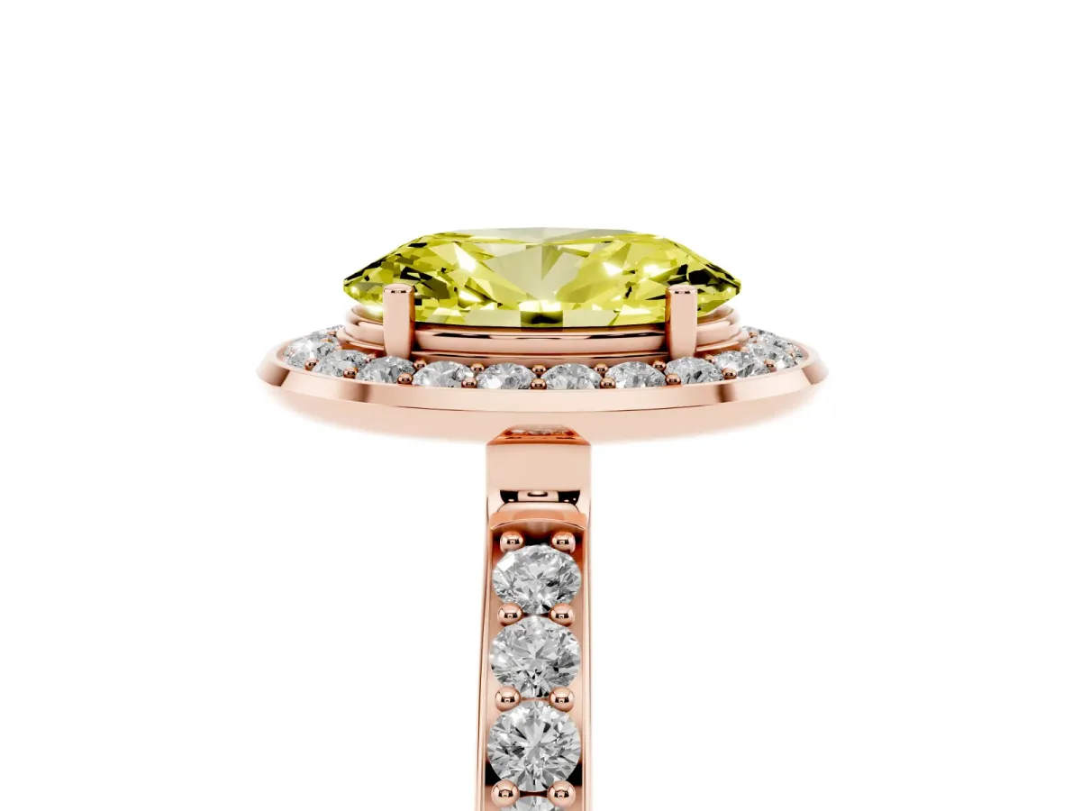 Fancy Yellow Oval Cut Diamond Halo Ring with Bezel Frame and Pavé Band Rose gold
