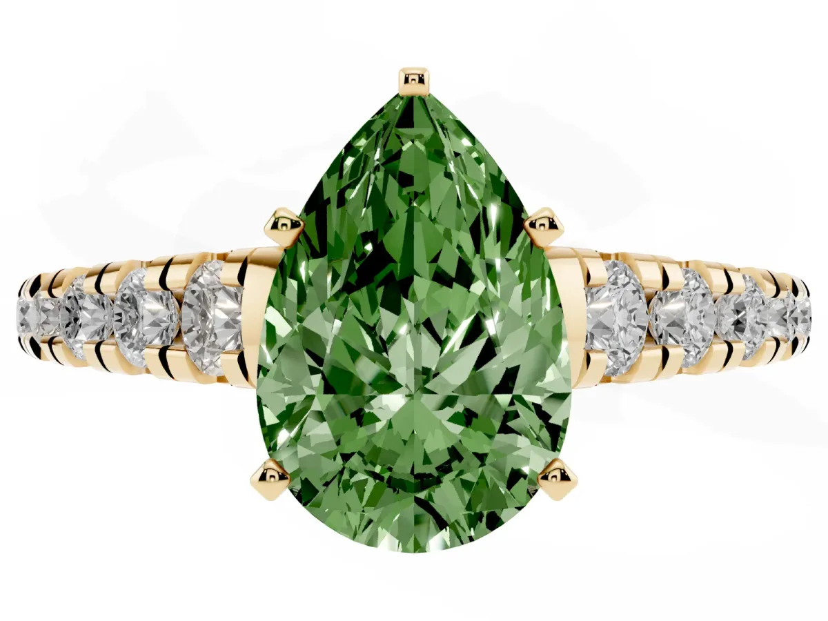 Fancy Green Pear Cut Diamond Cathedral Solitaire Ring with Round Pavé Band Yellow gold