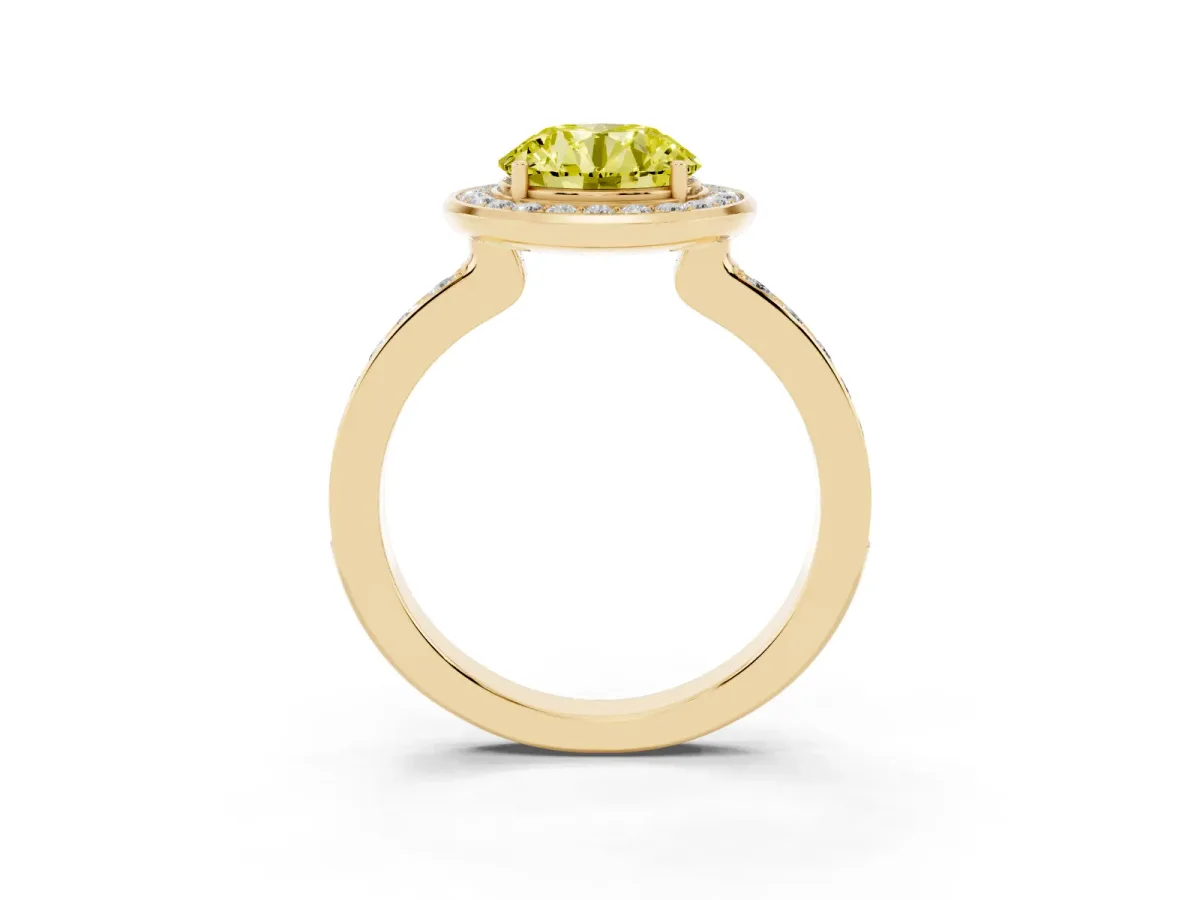 Fancy Yellow Round Cut Diamond Halo Ring with Bezel Frame and Pavé Band Yellow gold