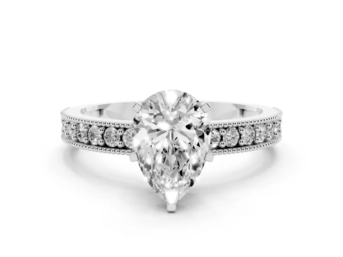 Pear Cut Diamond Milgrain Pavé Engagement Ring with Four-Prong Setting Silver