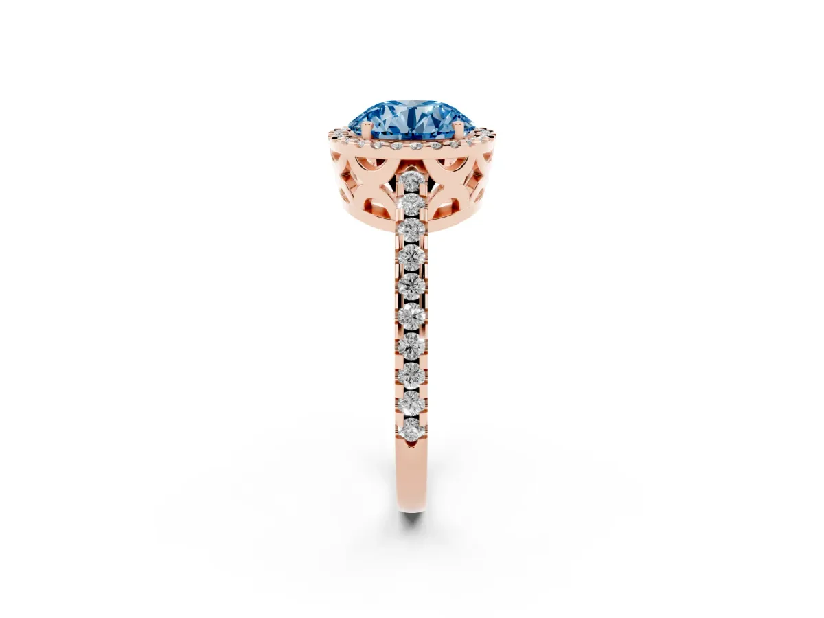 Fancy Blue Round Cut Diamond Halo Engagement Ring with Pavé Band and Prong Setting Rose gold