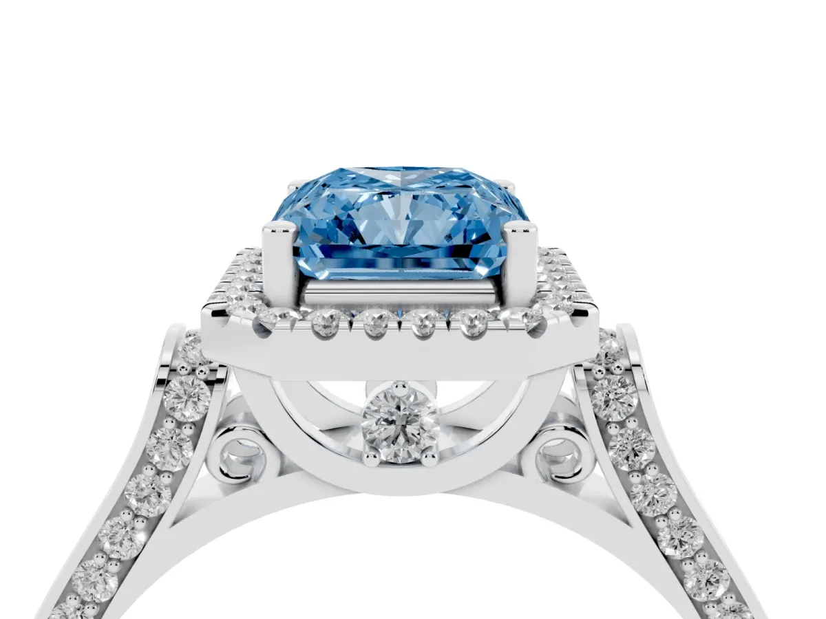 Fancy Blue Radiant Cut Halo Pave Split Shank Prong Setting Ring Silver