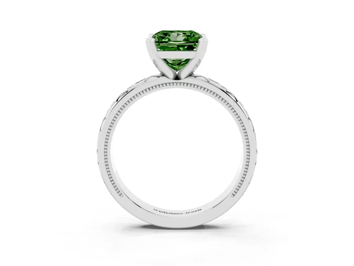 Fancy Green Princess Cut Solitaire Engagement Ring with Scrollwork Band and Four-Prong Setting Silver