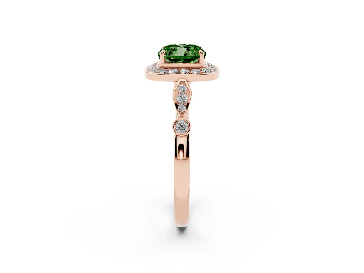 Fancy Green Cushion Cut Halo Diamond Engagement Ring with Twisted Band and Four-Prong Setting Rose gold