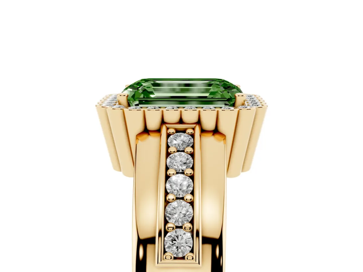 Fancy Green Emerald Cut Cut Halo Pave Band Four-Prong Ring Yellow gold