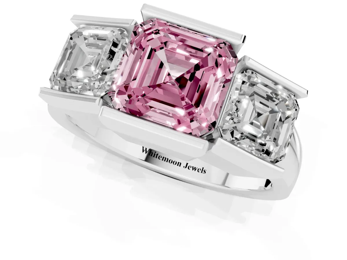 Fancy Pink Three Stone Asscher Cut Cut Channel Set Diamond Ring Platinum