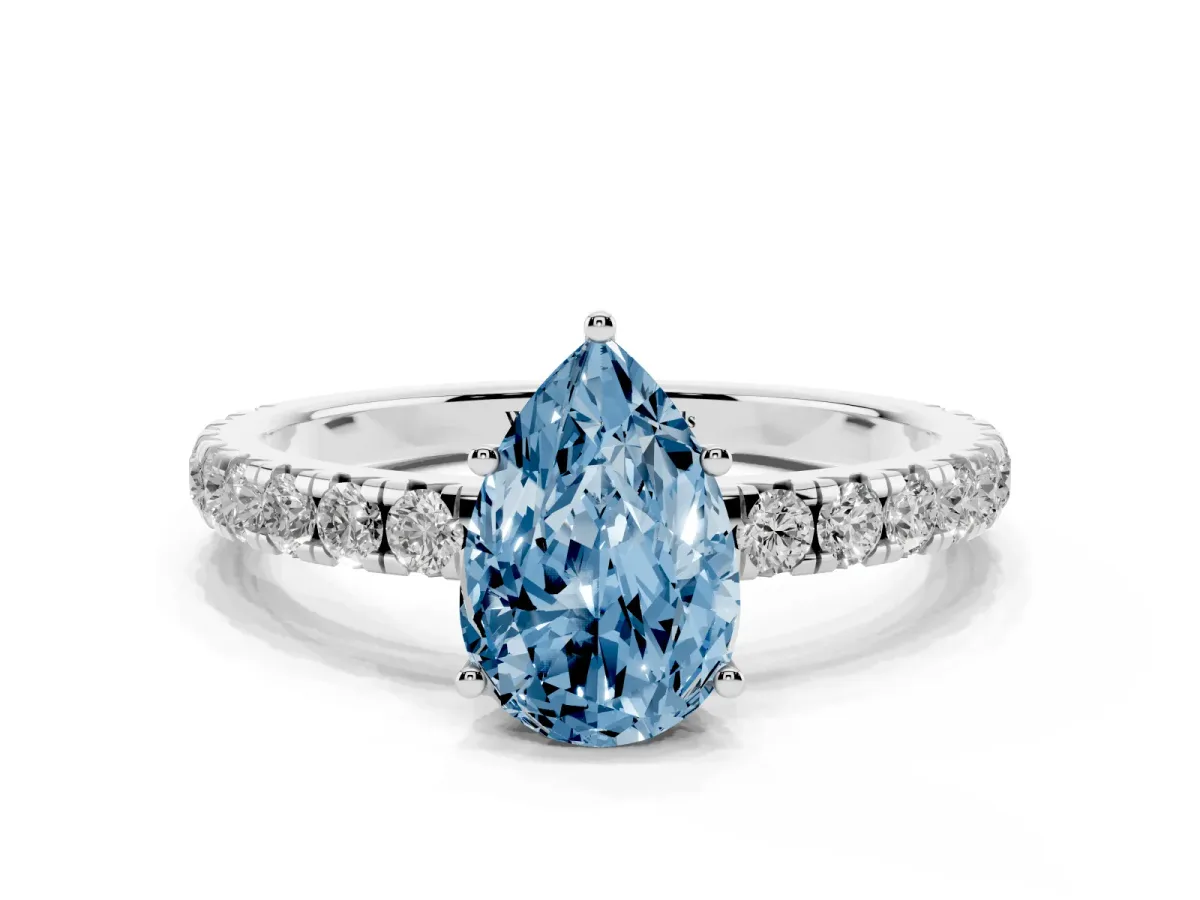 Fancy Blue Pear Cut Diamond Pavé Solitaire Engagement Ring with Four-Prong Setting Platinum
