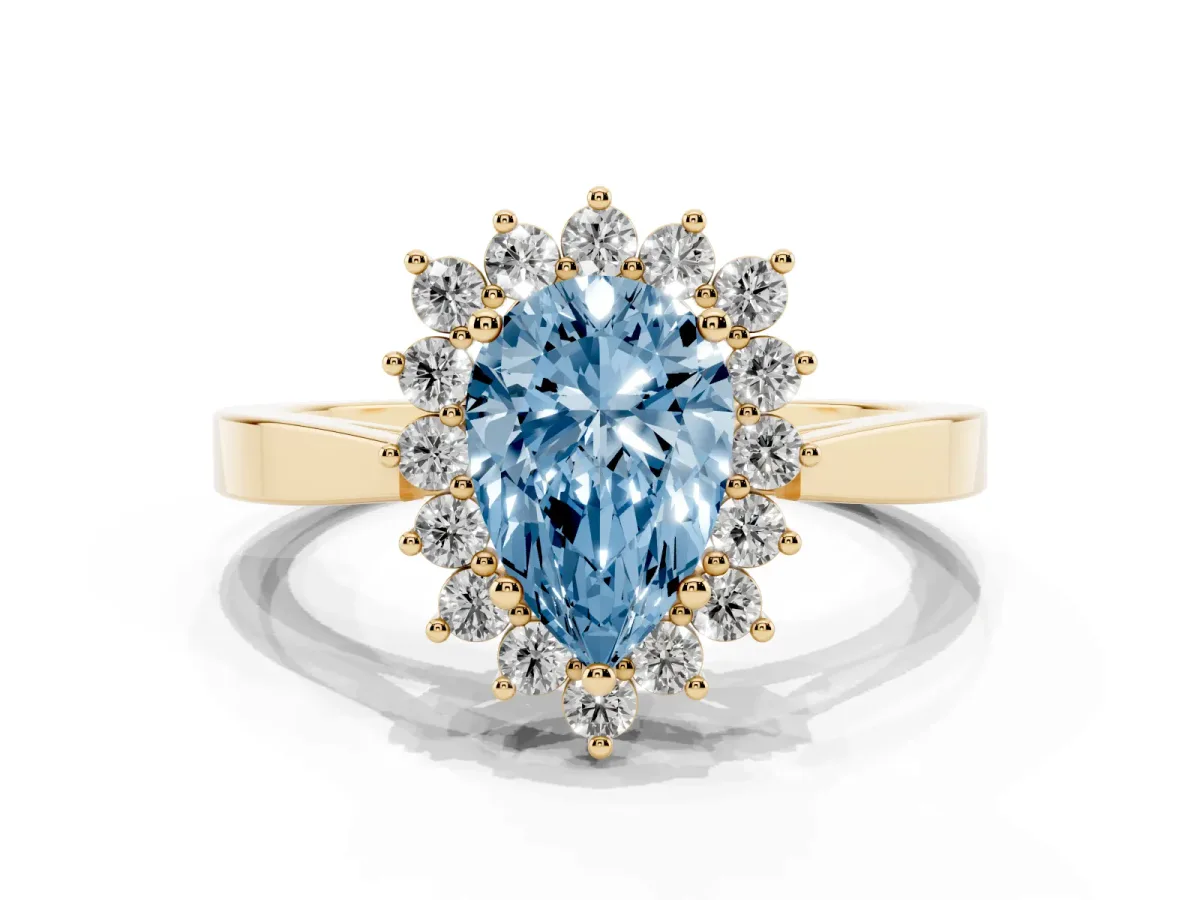 Fancy Blue Pear Cut Cut Diamond Halo Ring with Round Brilliant Halo and Solitaire Band Yellow gold