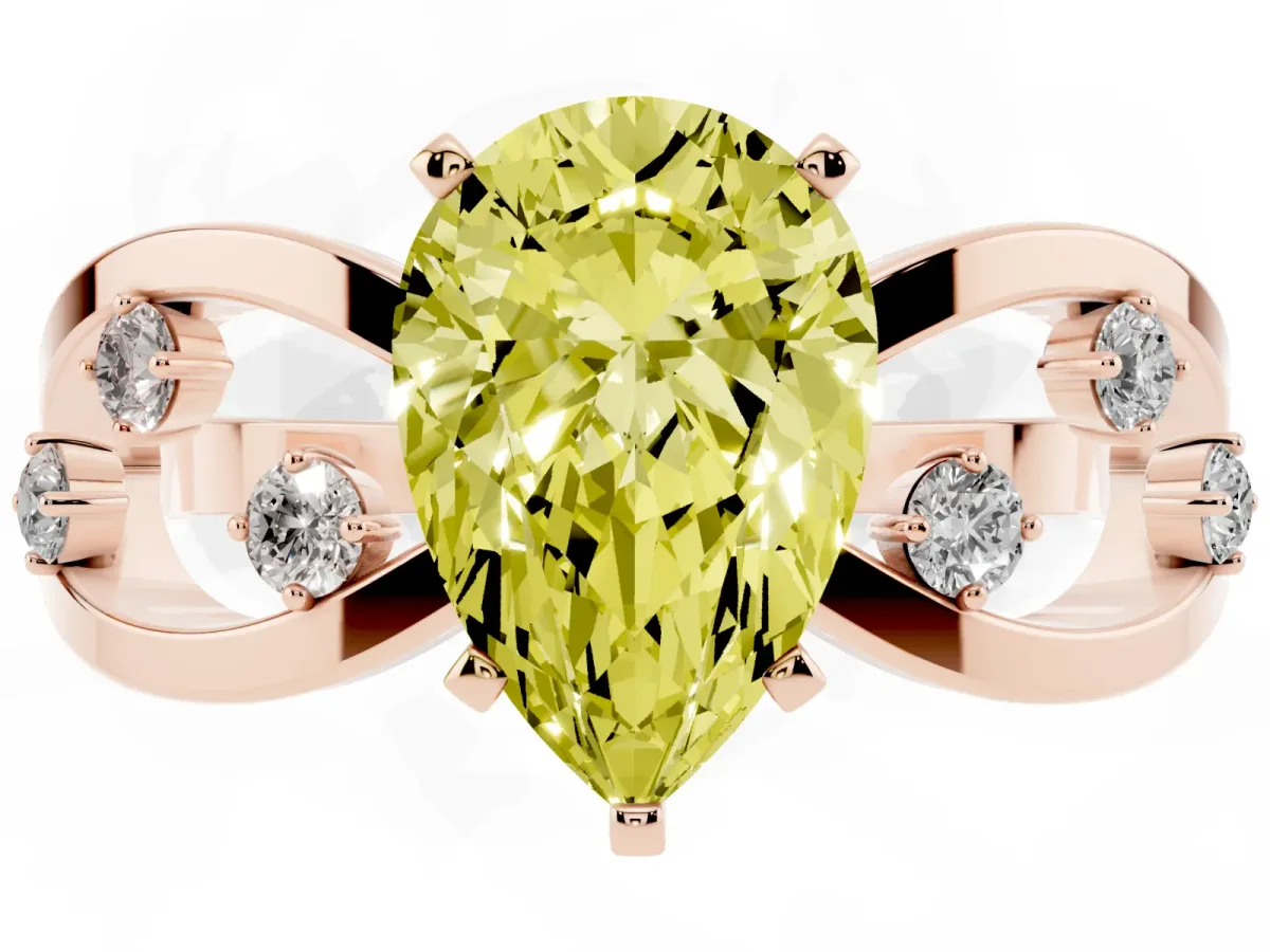 Fancy Yellow Pear Cut Cut Solitaire Diamond with Side Stones on Criss-Cross Band and Four-Prong Setting Rose gold