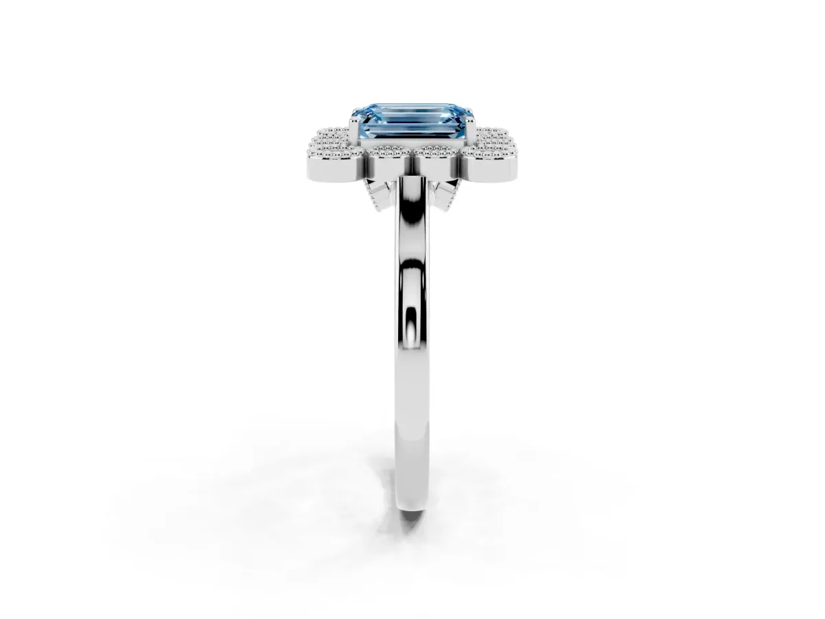 Fancy Blue Emerald Cut Halo Diamond Cluster Engagement Ring with Milgrain Bezel Setting and Solitaire Band Platinum
