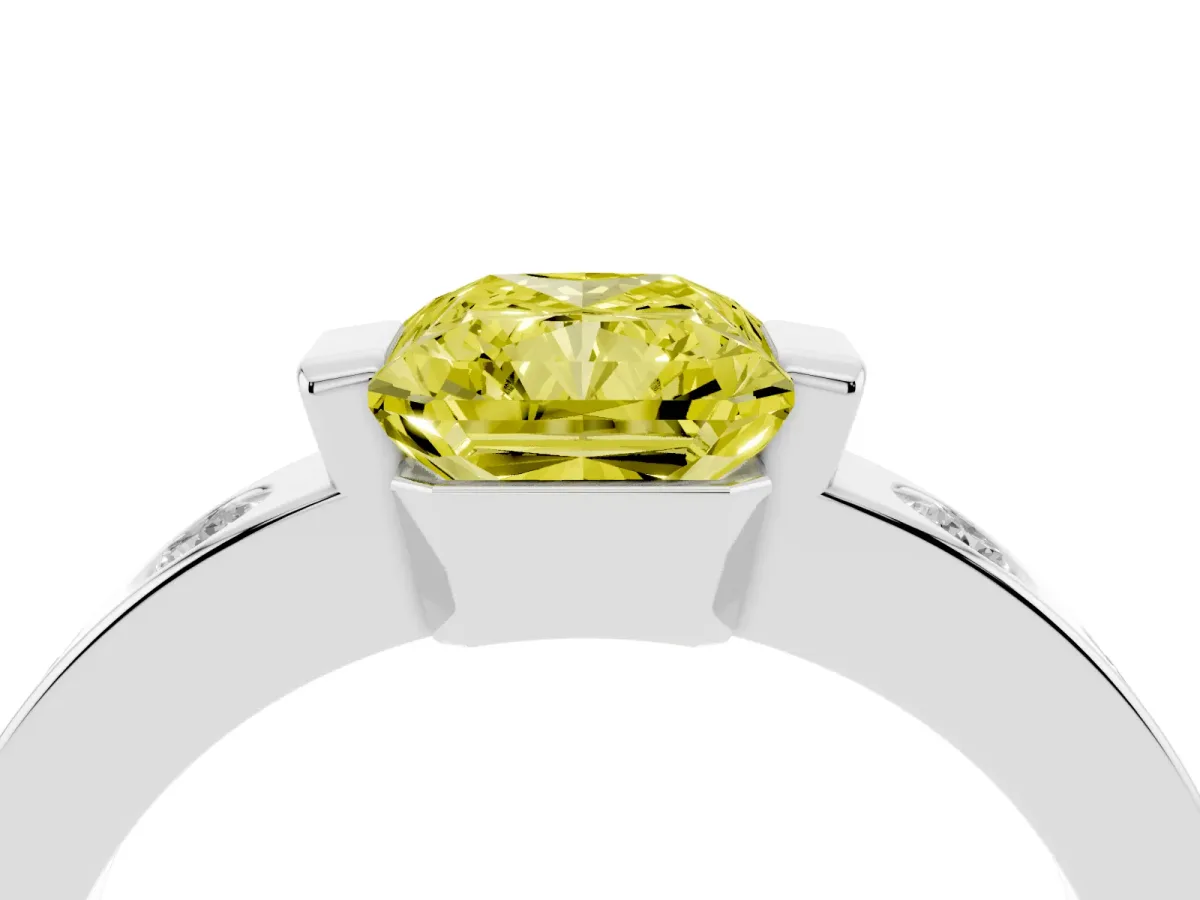 Fancy Yellow Radiant Cut Brilliant Channel-Set Diamond Ring with Bezel Prong Setting Silver