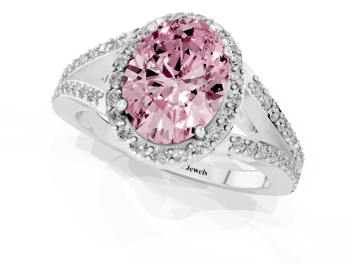 Fancy Pink Oval Cut Halo Split Shank Diamond Ring with Prong Setting Silver