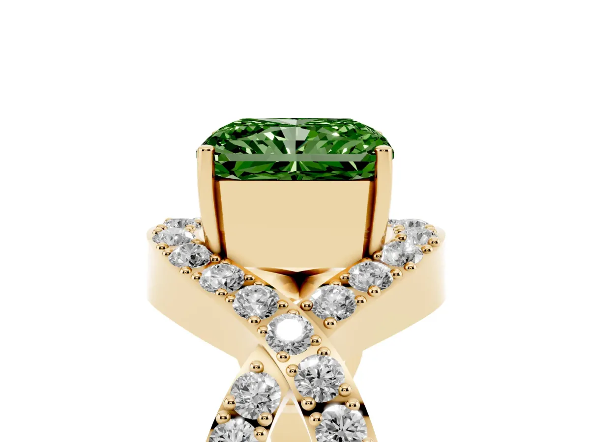Fancy Green Radiant Cut Solitaire Twist Band Pavé Diamond Engagement Ring Yellow gold