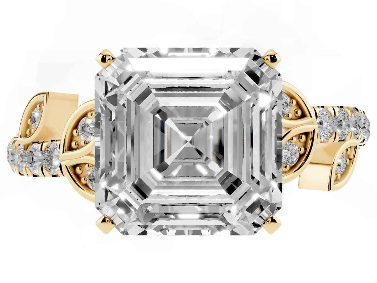 Asscher Cut Solitaire Leaf-Inspired Diamond Ring with Pavé Band and Four-Prong Setting Yellow gold