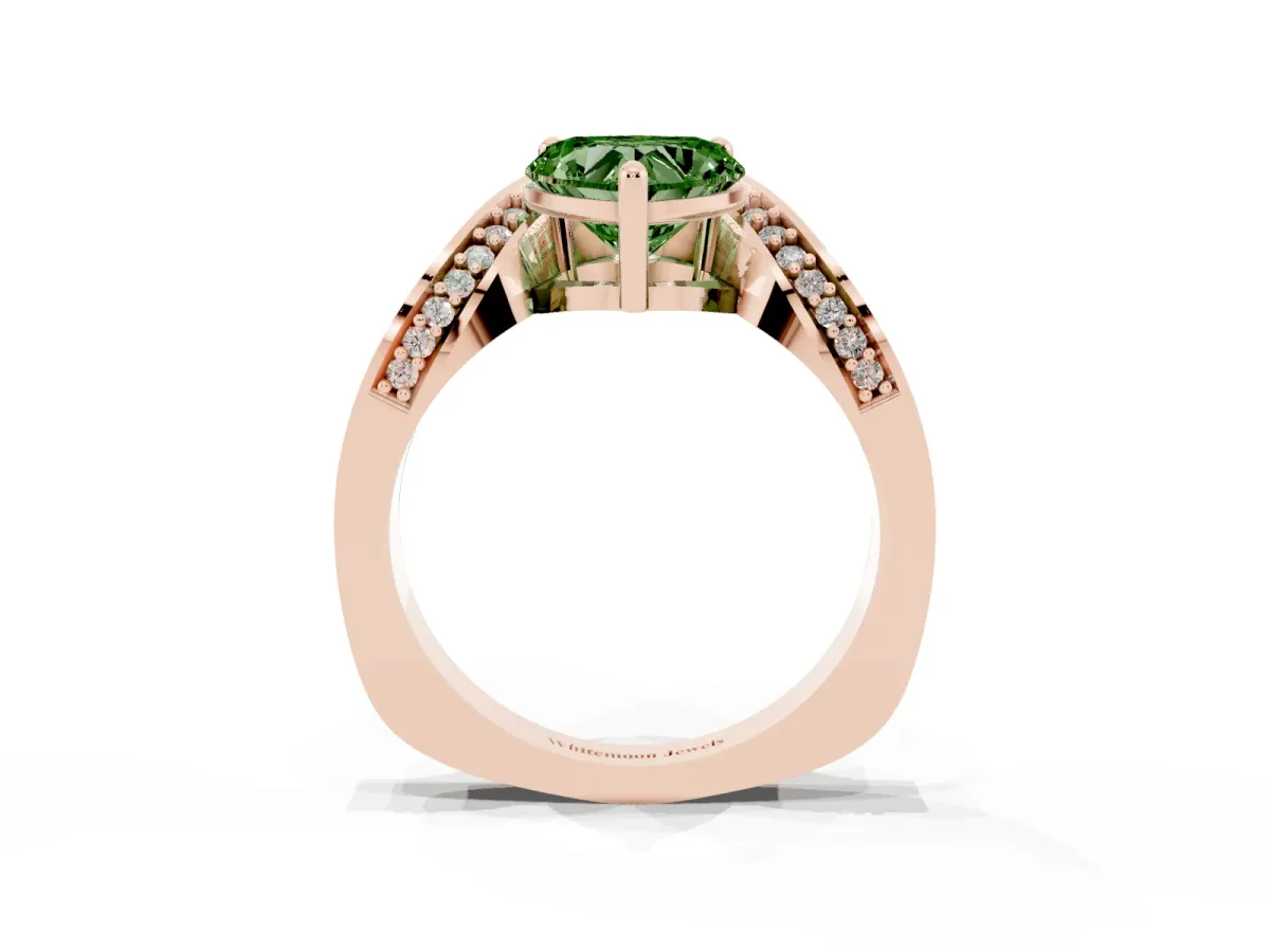 Fancy Green Heart Cut Solitaire Diamond Engagement Ring with Pave Band and Four-Prong Setting Rose gold