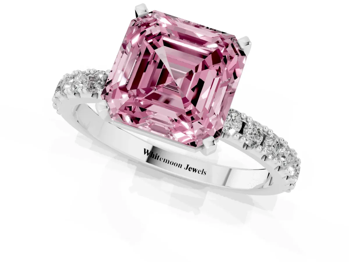Fancy Pink Asscher Cut Diamond Solitaire Pavé Band with Four-Prong Setting Silver