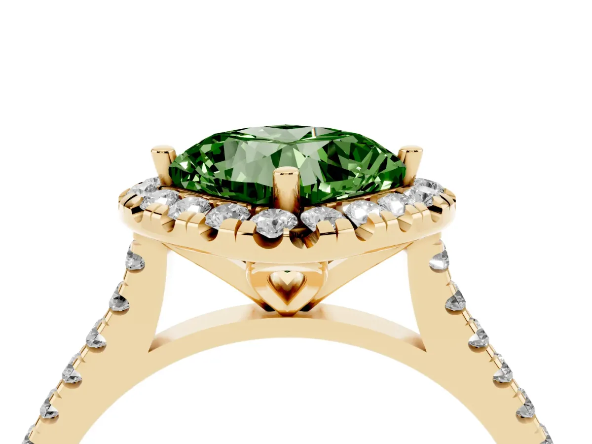 Fancy Green Cushion Cut Diamond Cushion Halo Ring with Pavé Band Yellow gold