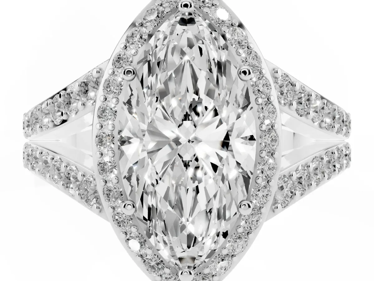 Marquise Cut Diamond Split Shank Halo Ring with Four-Prong Setting Platinum
