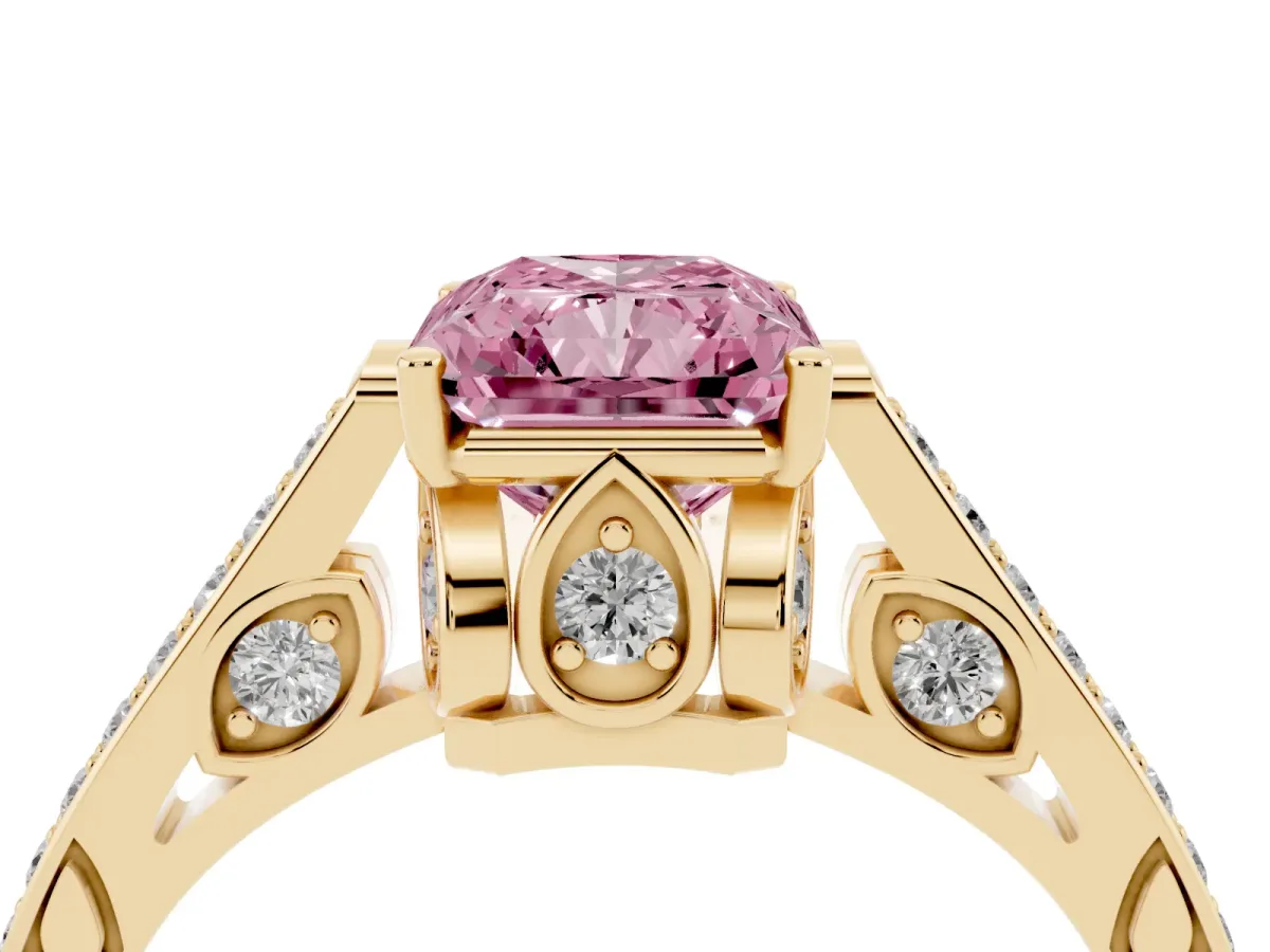 Fancy Pink Radiant Cut Cut Cathedral Pave Diamond Engagement Ring with Six-Prong Setting Yellow gold
