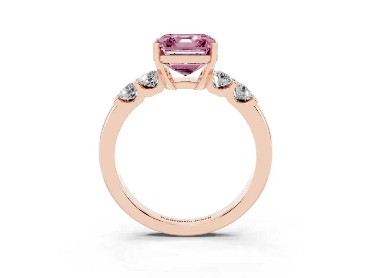 Fancy Pink Asscher Cut Brilliant Cut Diamond Five-Stone Prong Set Engagement Ring with Channel Band Rose gold