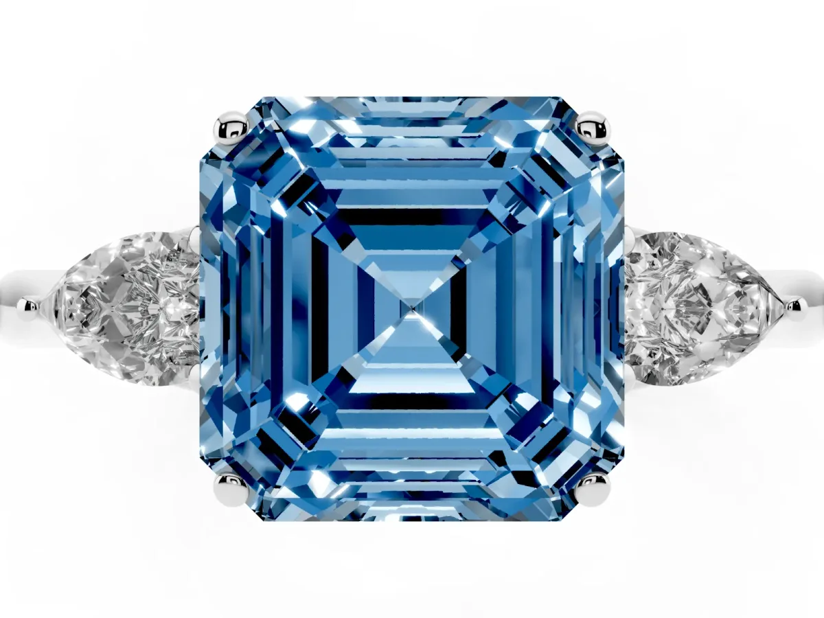 Fancy Blue Asscher Cut Diamond Three-Stone Ring with Pear Side Stones and Prong Setting Platinum