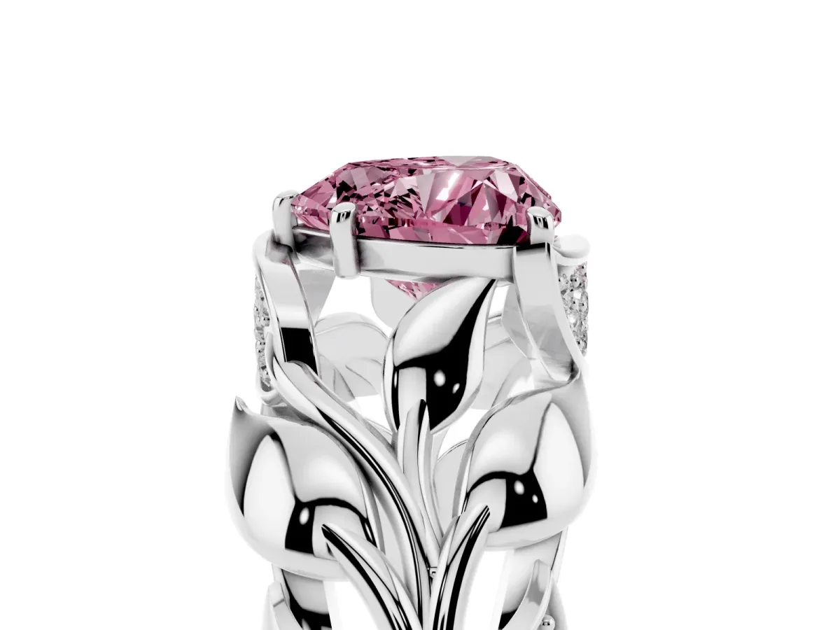 Fancy Pink Heart Cut Diamond Leaf-Inspired Engagement Ring with Round Accents and Prong Setting White gold