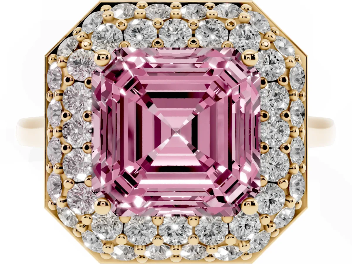 Fancy Pink Asscher Cut Halo Diamond Engagement Ring with Solitaire Band and Four-Prong Setting Yellow gold