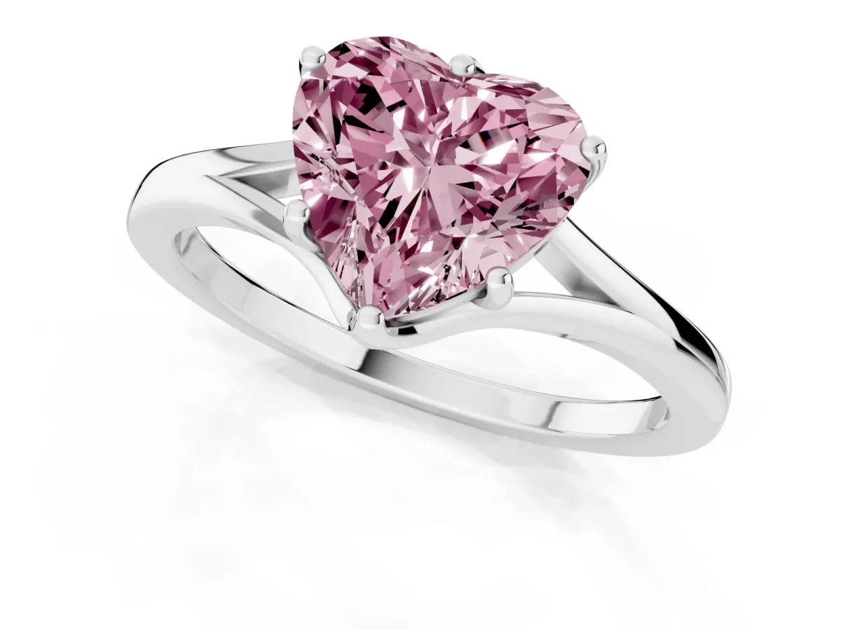 Fancy Pink Heart Cut Solitaire Diamond Ring with Six-Prong Setting and Tapered Band Platinum