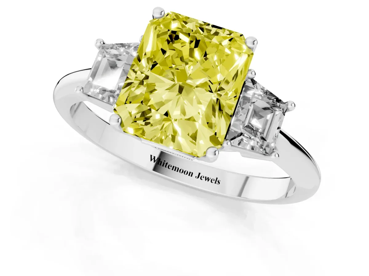Fancy Yellow Radiant Cut Diamond Three-Stone Ring with Trapezoid Side Stones and Prong Setting Silver