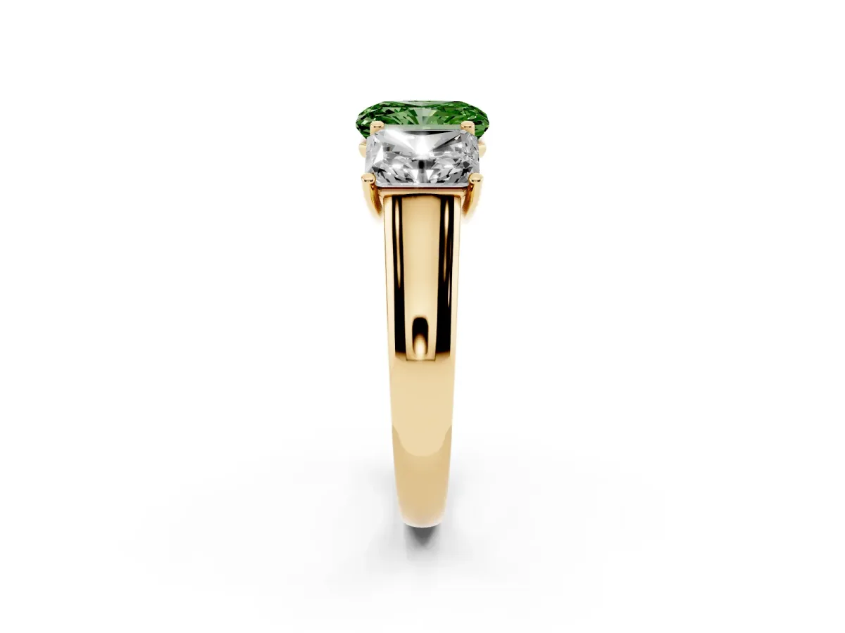 Fancy Green Radiant Cut Three-Stone Diamond Ring with Prong Setting on a Classic Band Yellow gold