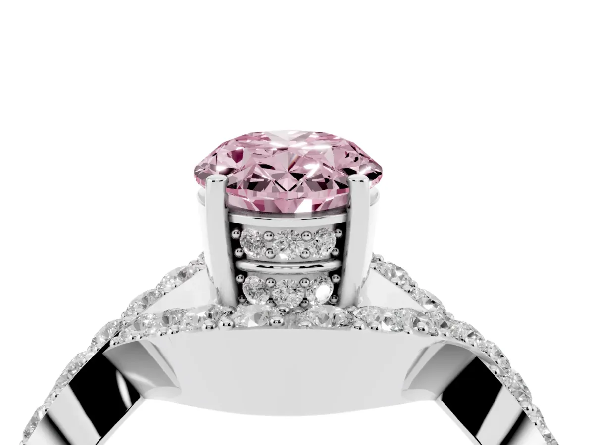 Fancy Pink Oval Cut Solitaire Twist Band Pavé Diamond Engagement Ring Silver