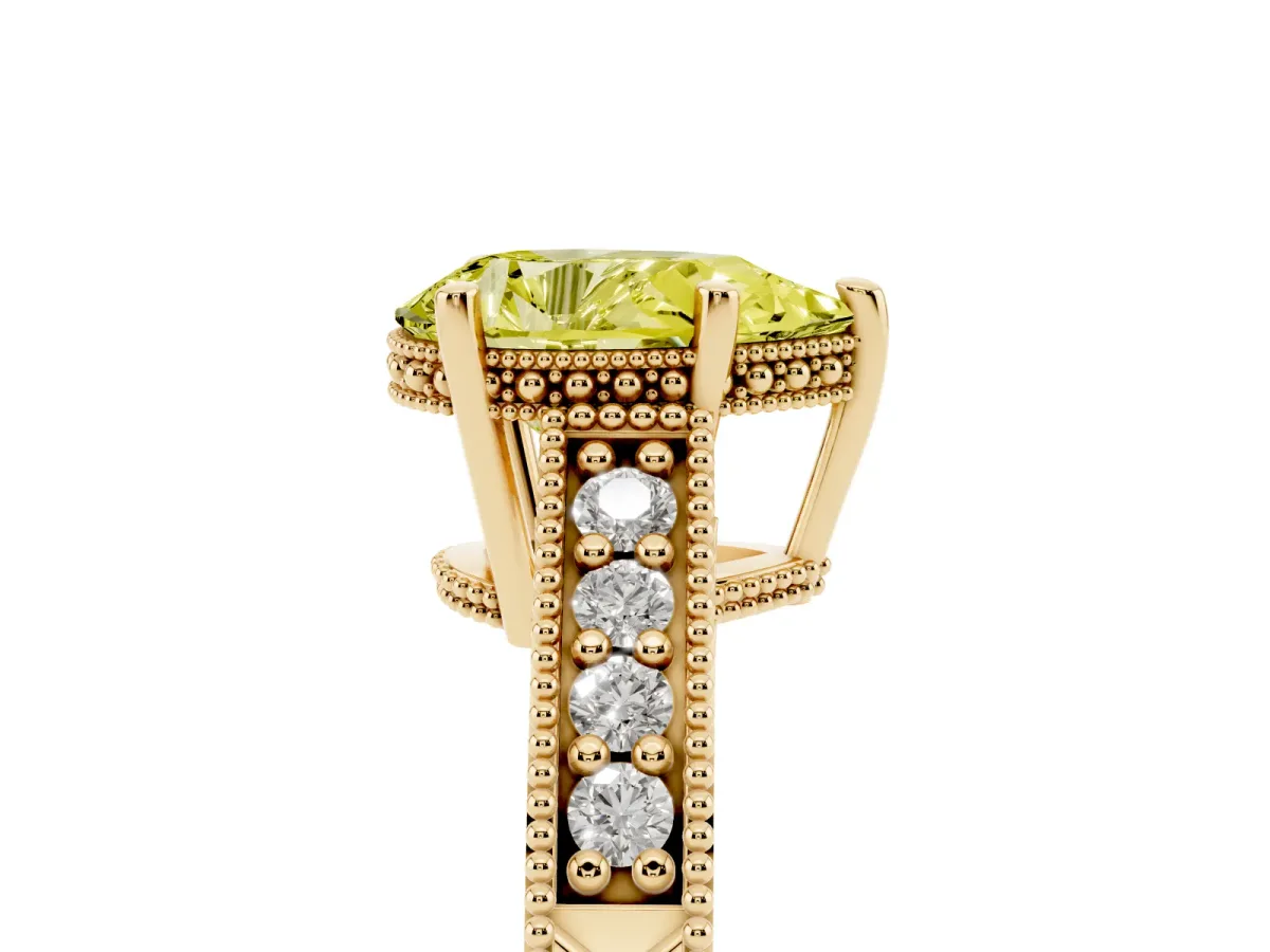Fancy Yellow Pear Cut Solitaire Pavé Diamond Milgrain Engagement Ring with Four-Prong Setting Yellow gold