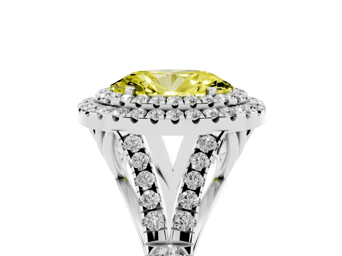 Fancy Yellow Oval Cut Cut Double Halo Split Shank Diamond Ring with Prong Setting Platinum