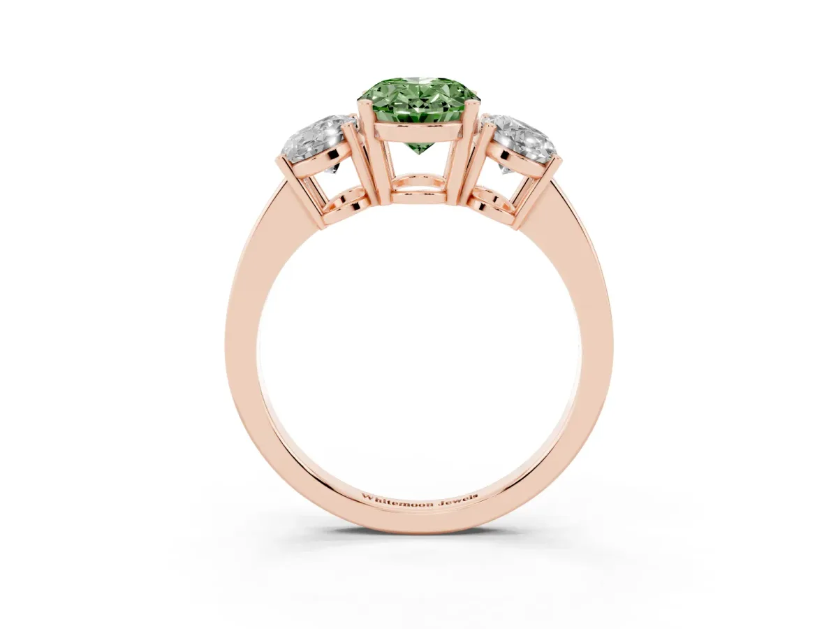 Fancy Green Three-Stone Oval Cut Cut Diamond Engagement Ring with Flat Band and Four-Prong Setting Rose gold