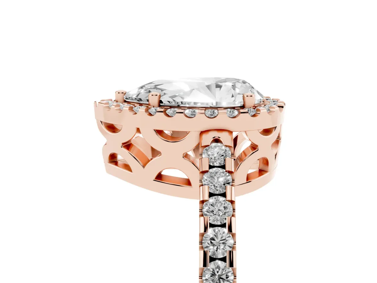 Pear Cut Diamond Halo Engagement Ring with Pavé Band and Prong Setting Rose gold