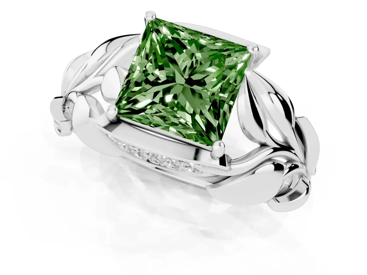 Fancy Green Princess Cut Diamond Leaf-Inspired Engagement Ring with Round Accents and Prong Setting White gold