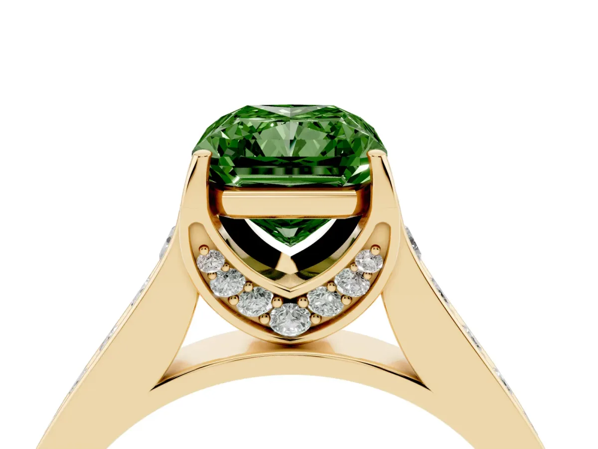 Fancy Green Radiant Cut Brilliant Cut Diamond Engagement Ring with Pavé Band and Four-Prong Setting Yellow gold