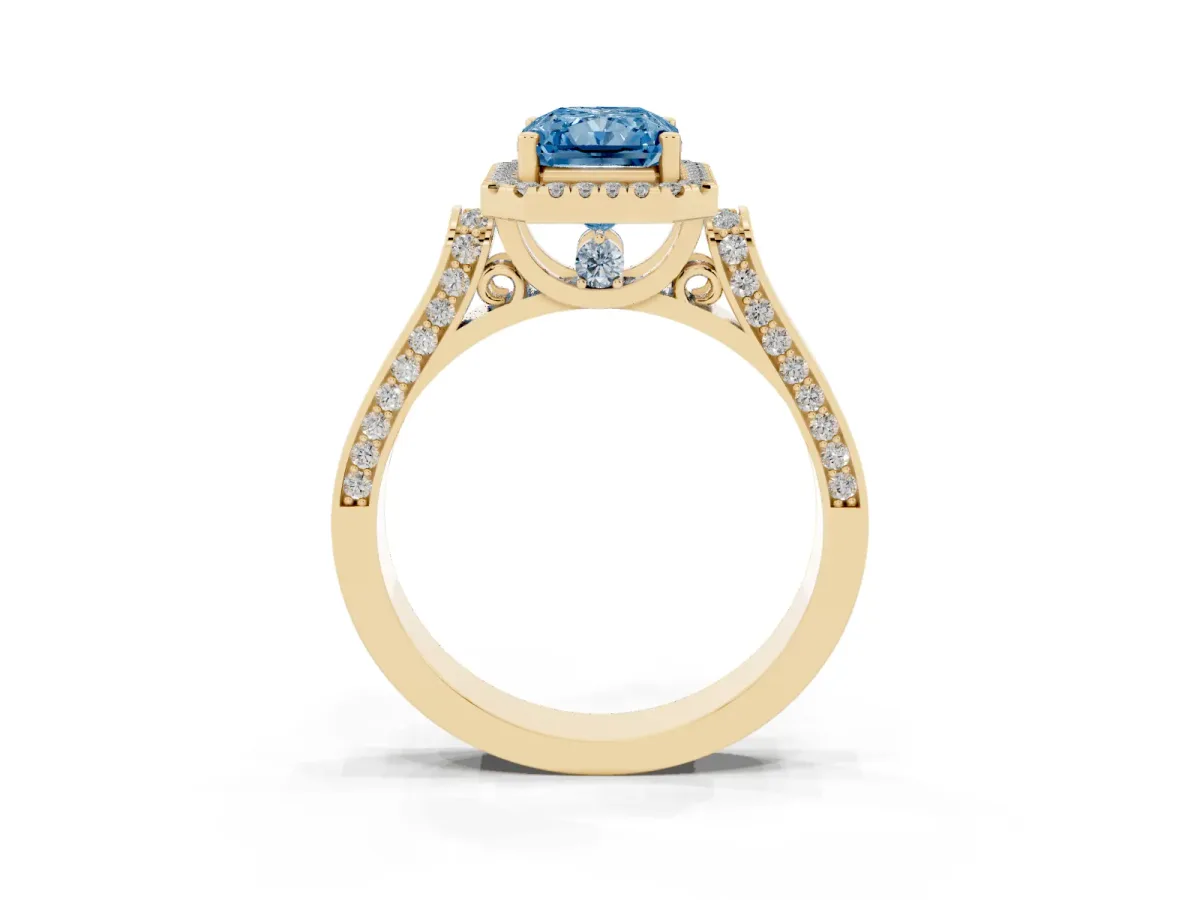 Fancy Blue Radiant Cut Halo Pave Split Shank Prong Setting Ring Yellow gold