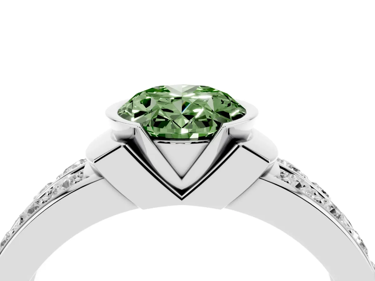 Fancy Green Oval Cut Brilliant Diamond Channel Set Wide Band Ring with Bezel Setting Platinum