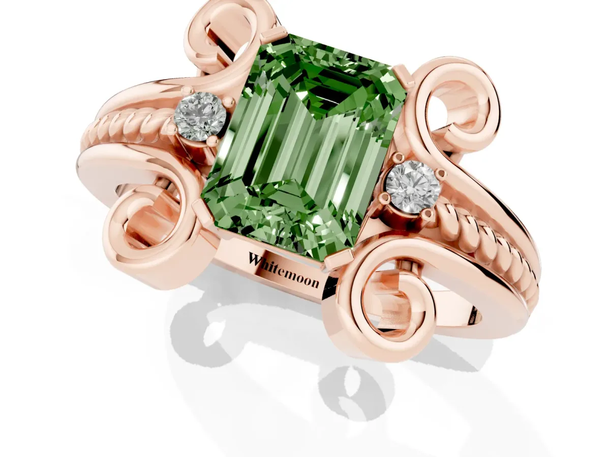 Fancy Green Emerald Cut Solitaire Twisted Band Scroll Prong Ring Rose gold