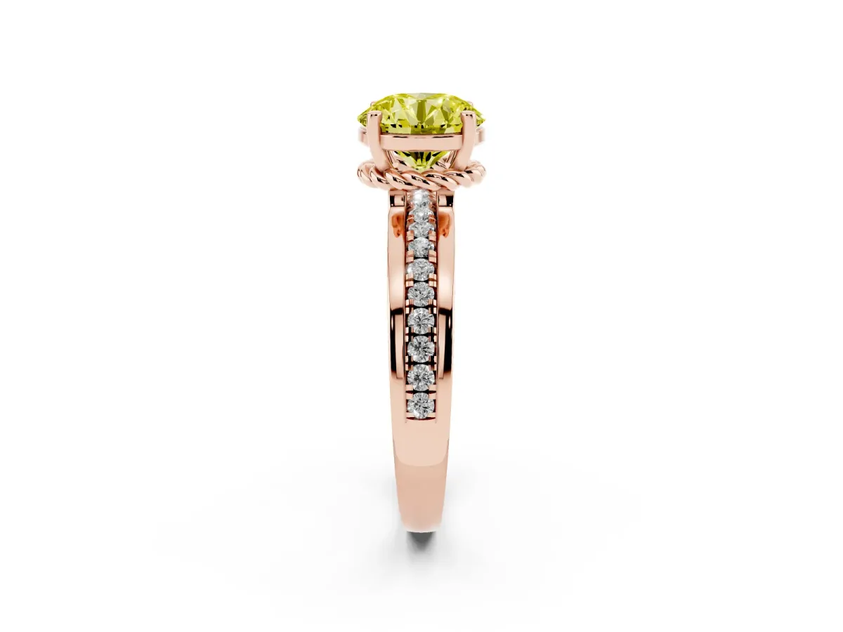 Fancy Yellow Round Cut Solitaire Diamond Ring with Channel Set Band and Six-Prong Setting Rose gold