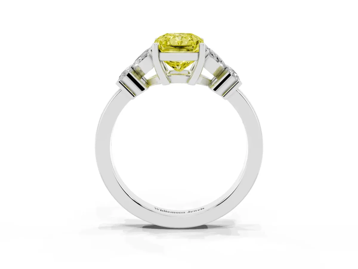 Fancy Yellow Radiant Cut Diamond Floral Cluster Ring with Solitaire Band and Prong Setting Silver