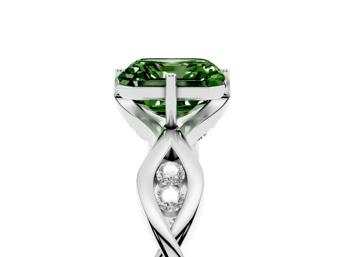 Fancy Green Asscher Cut Solitaire Twist Band with Leaf Prong Setting Platinum